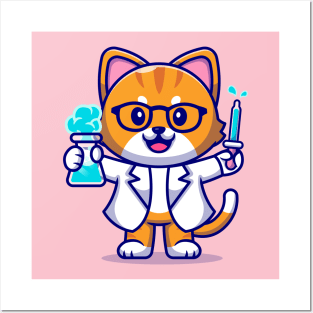 Cute Cat Scientist Cartoon Posters and Art